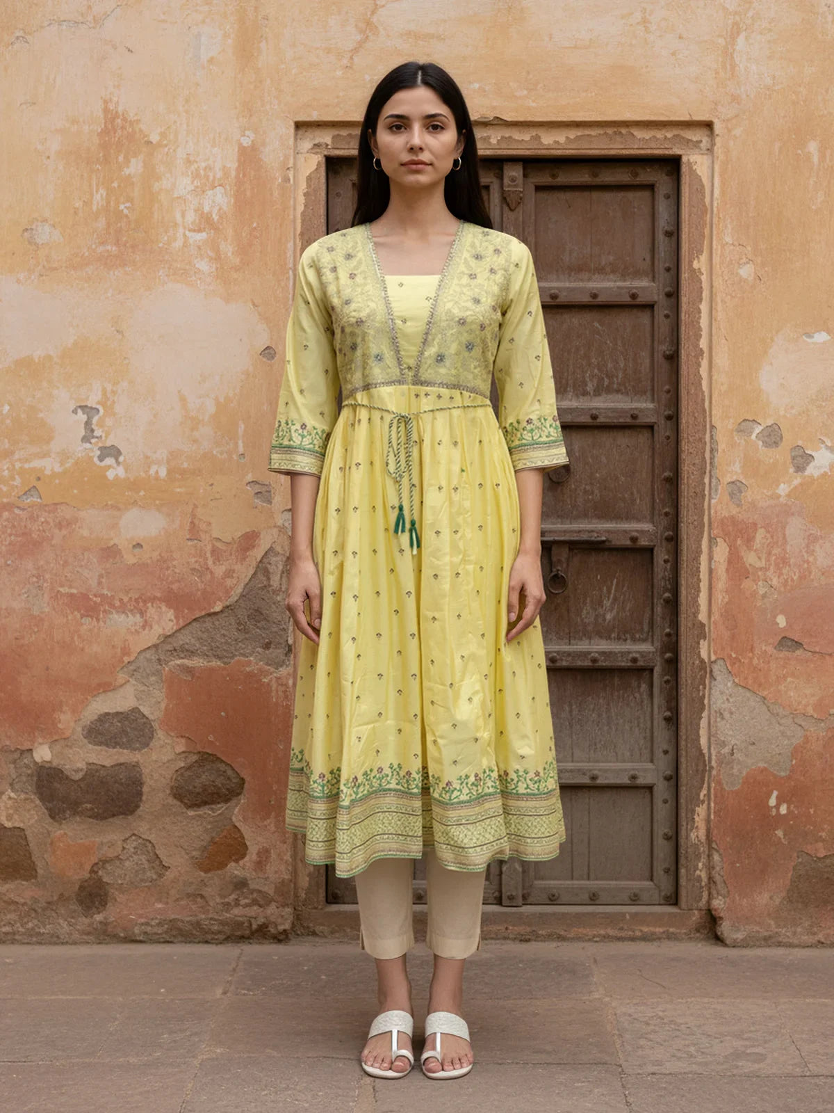 Buy Viscose Poly Embroidered Anarkali Calf Length Kurta-Yellow