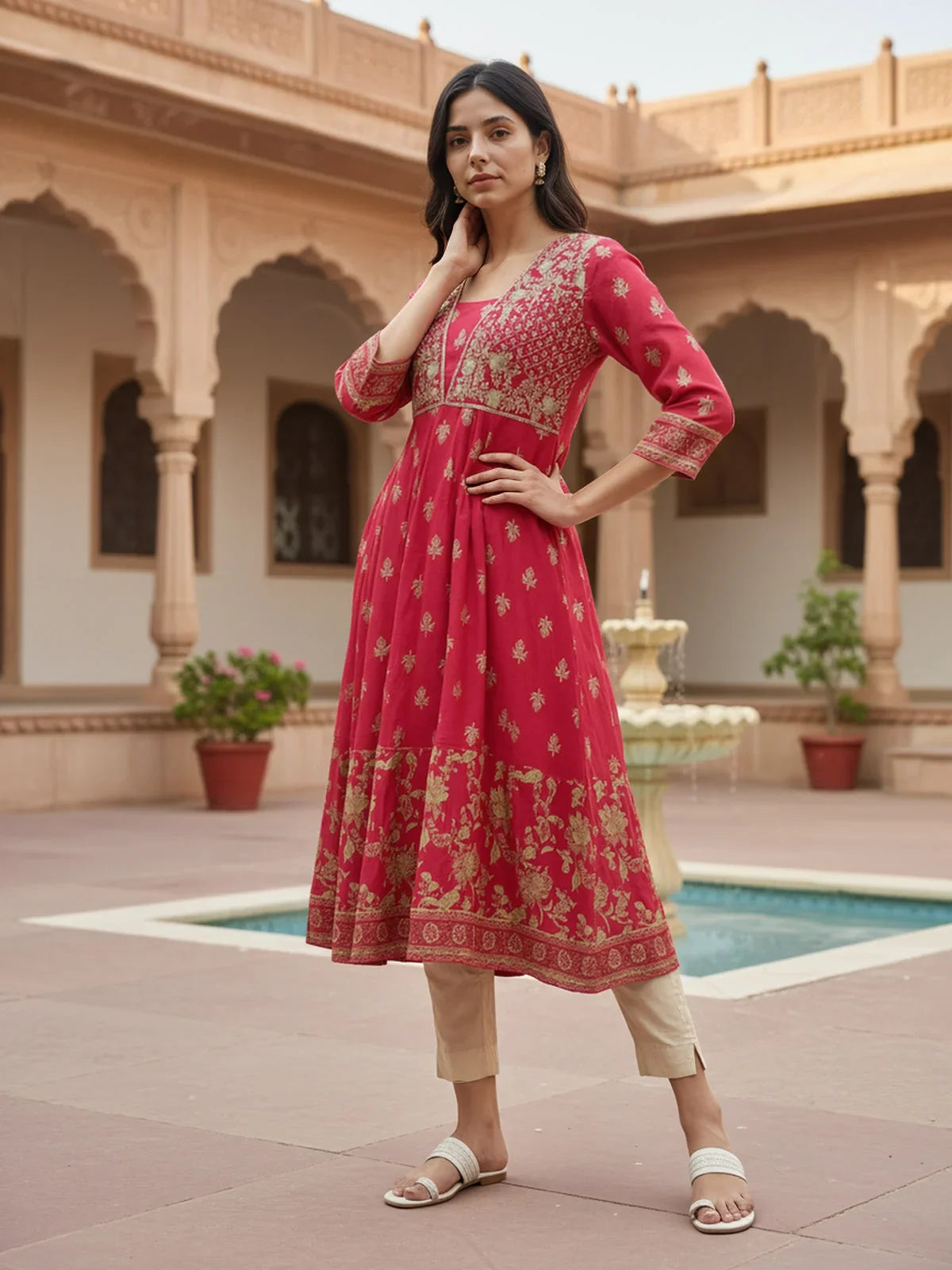 Buy Viscose Poly Embroidered Anarkali Calf Length Kurta-Magenta