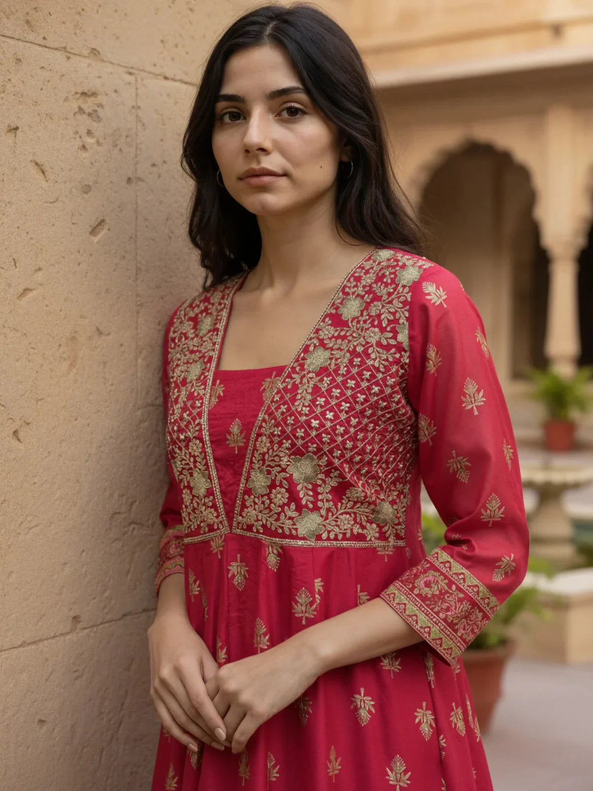 Buy Viscose Poly Embroidered Anarkali Calf Length Kurta-Magenta