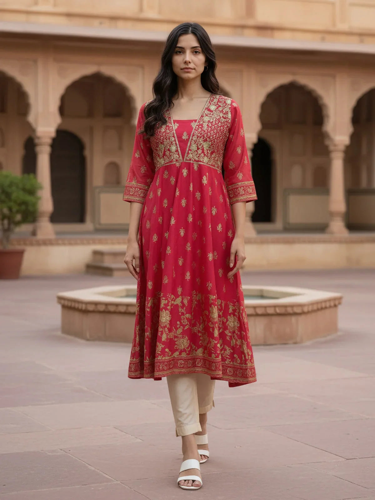 Buy Viscose Poly Embroidered Anarkali Calf Length Kurta-Magenta