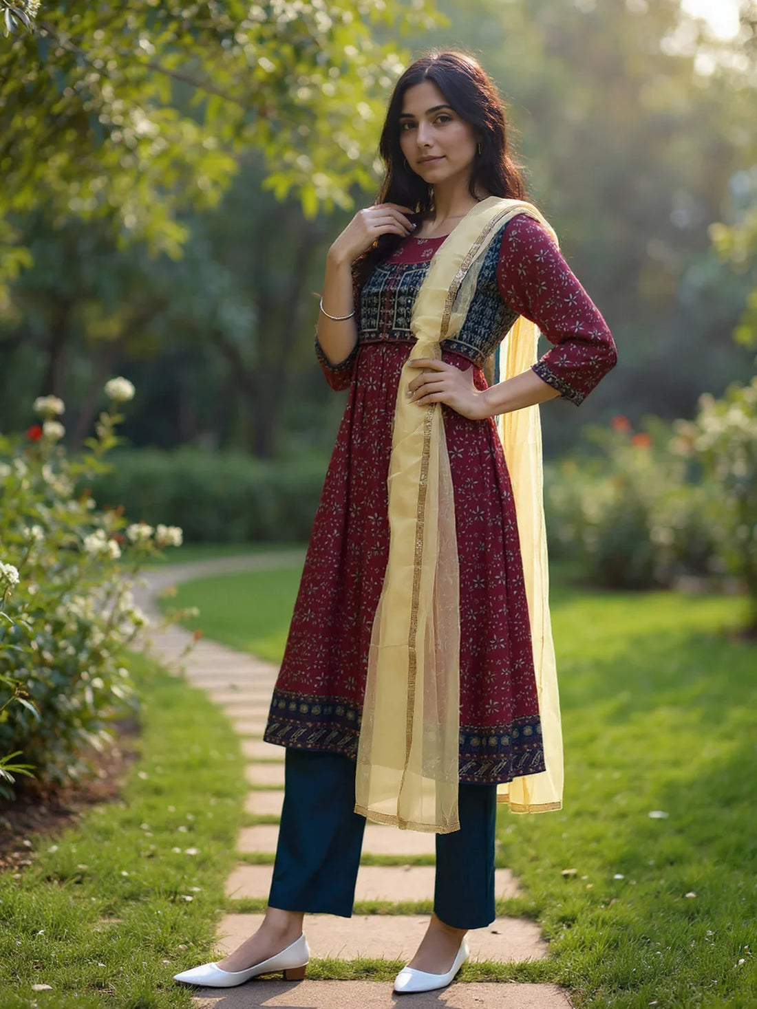 Buy Poly Viscose Embroidered Anarkali Calf Length Kurta with Pant and Dupatta-Maroon