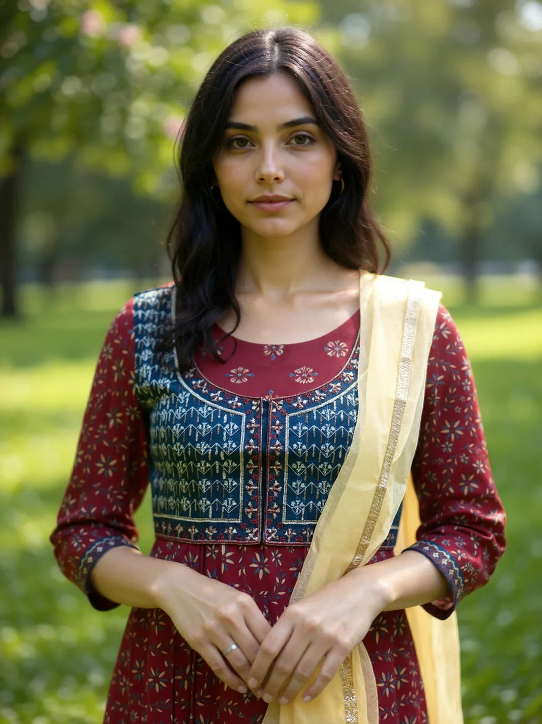 Buy Poly Viscose Embroidered Anarkali Calf Length Kurta with Pant and Dupatta-Maroon