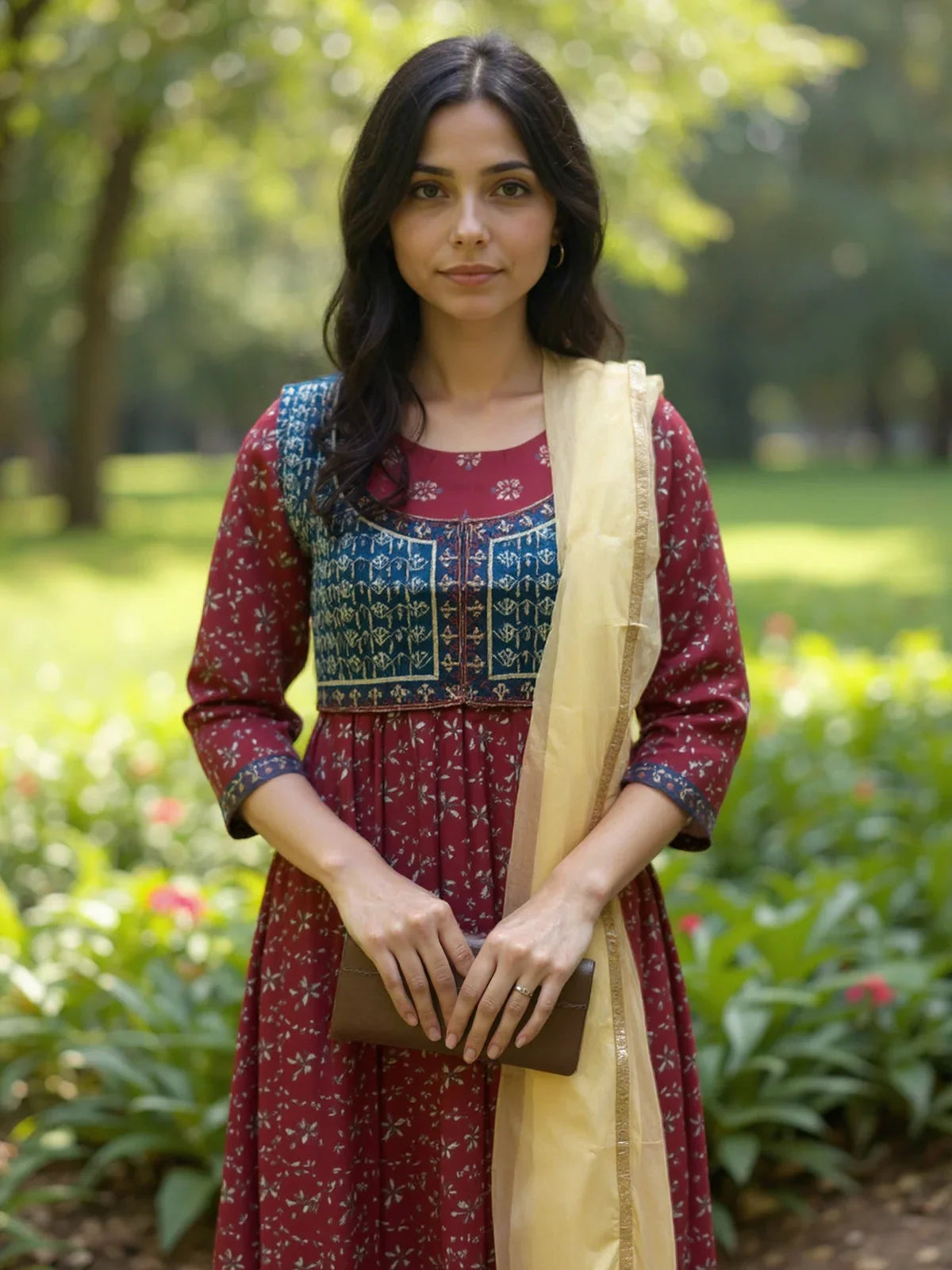 Buy Poly Viscose Embroidered Anarkali Calf Length Kurta with Pant and Dupatta-Maroon