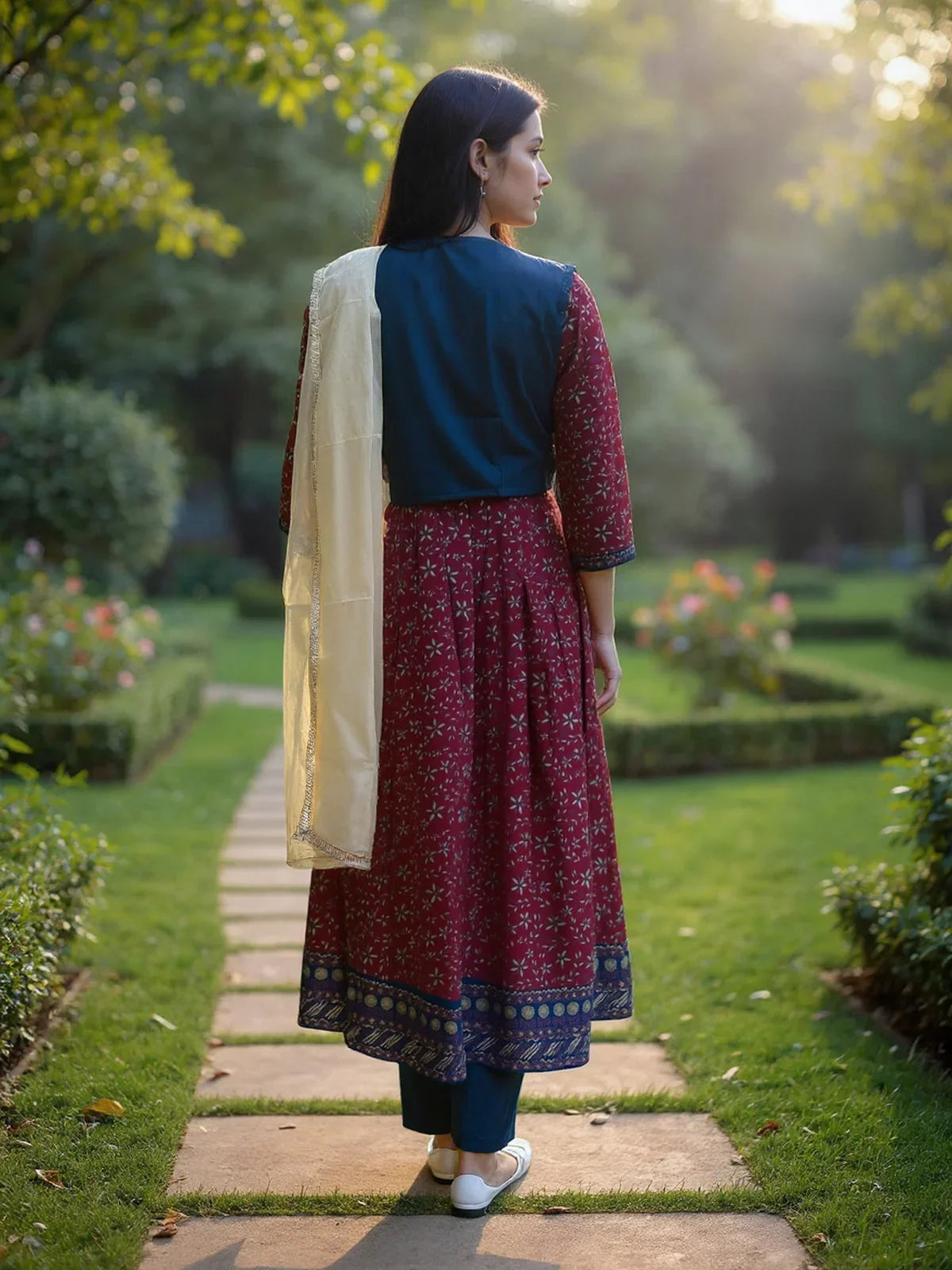 Buy Poly Viscose Embroidered Anarkali Calf Length Kurta with Pant and Dupatta-Maroon