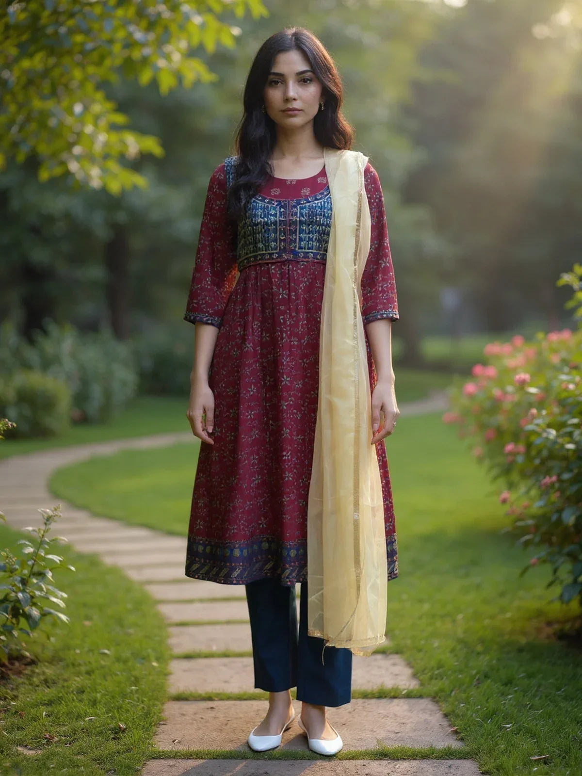 Buy Poly Viscose Embroidered Anarkali Calf Length Kurta with Pant and Dupatta-Maroon