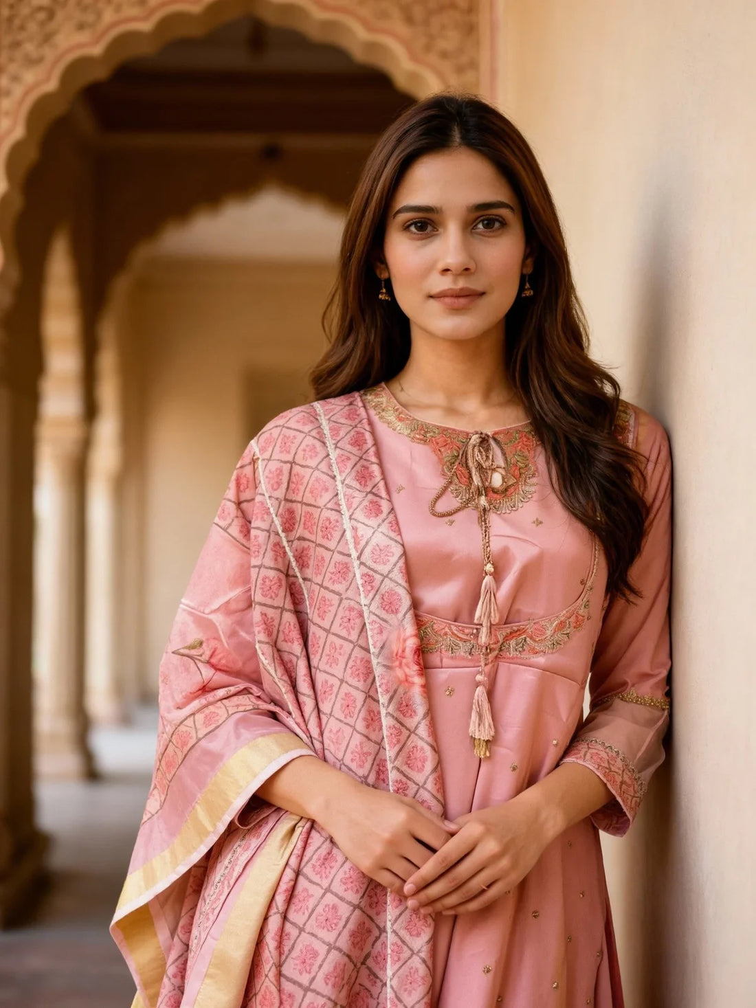 Buy Poly Viscose Embroidered Anarkali Calf Length Kurta and Pant with Dupatta-Pink