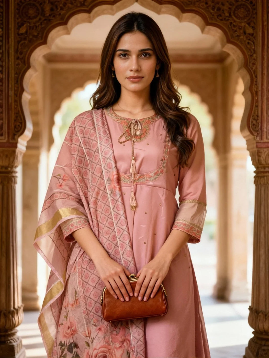 Buy Poly Viscose Embroidered Anarkali Calf Length Kurta and Pant with Dupatta-Pink