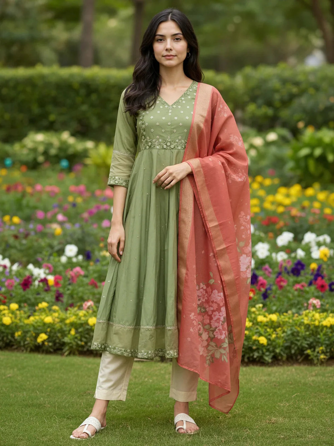 Buy Poly Viscose Embroidered Anarkali Calf Length Kurta with Pant and Dupatta-Green