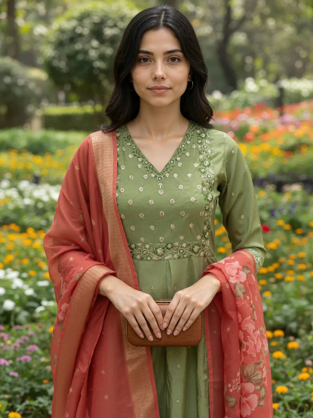 Buy Poly Viscose Embroidered Anarkali Calf Length Kurta with Pant and Dupatta-Green