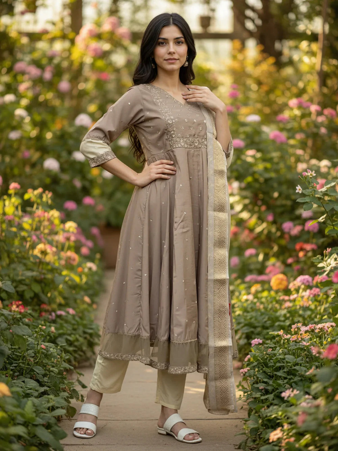 Buy Poly Viscose Embroidered Anarkali Calf Length Kurta with Pant and Dupatta-Beige