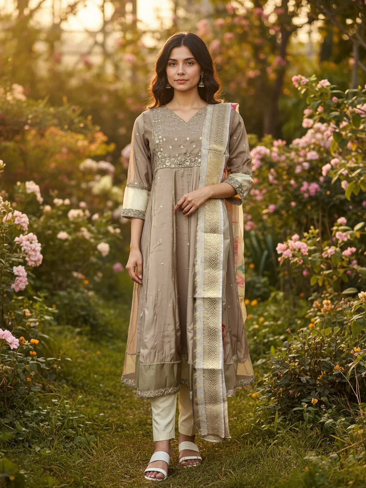 Buy Poly Viscose Embroidered Anarkali Calf Length Kurta with Pant and Dupatta-Beige