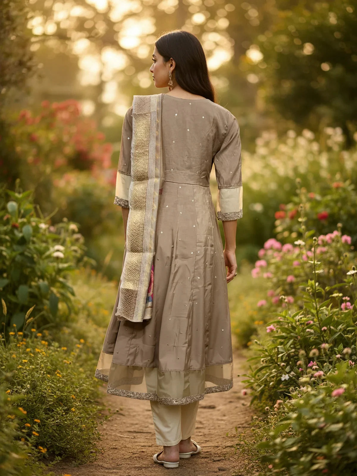 Buy Poly Viscose Embroidered Anarkali Calf Length Kurta with Pant and Dupatta-Beige