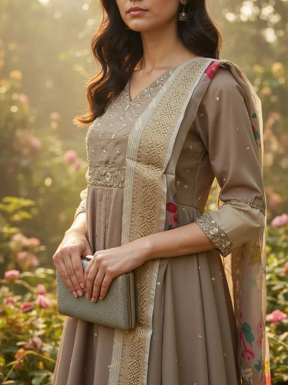 Buy Poly Viscose Embroidered Anarkali Calf Length Kurta with Pant and Dupatta-Beige