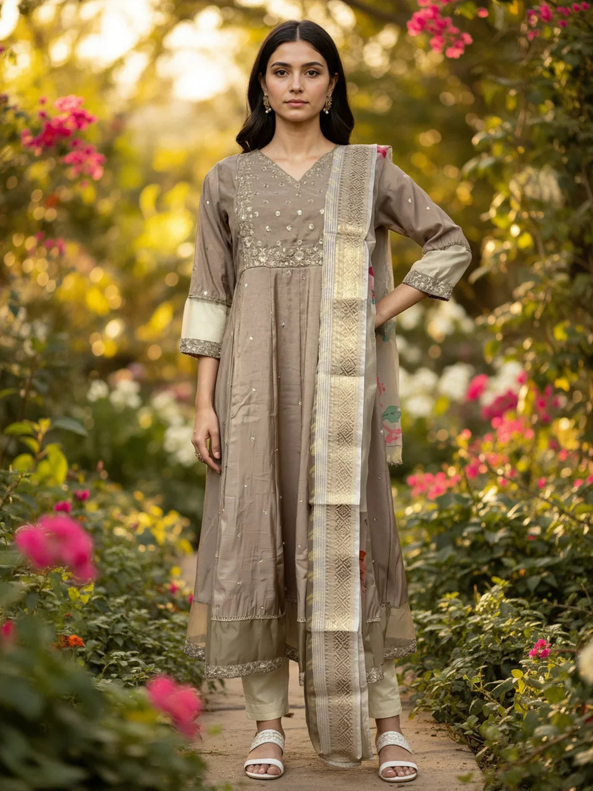 Buy Poly Viscose Embroidered Anarkali Calf Length Kurta with Pant and Dupatta-Beige