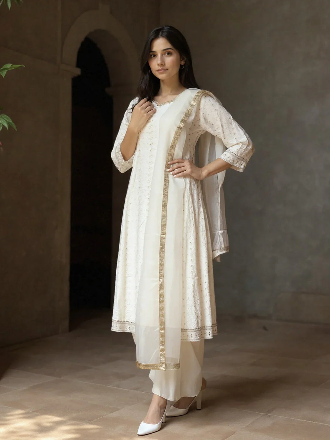 Buy Poly Viscose Embroidered Anarkali Calf Length Kurta with Pant and Dupatta-Cream