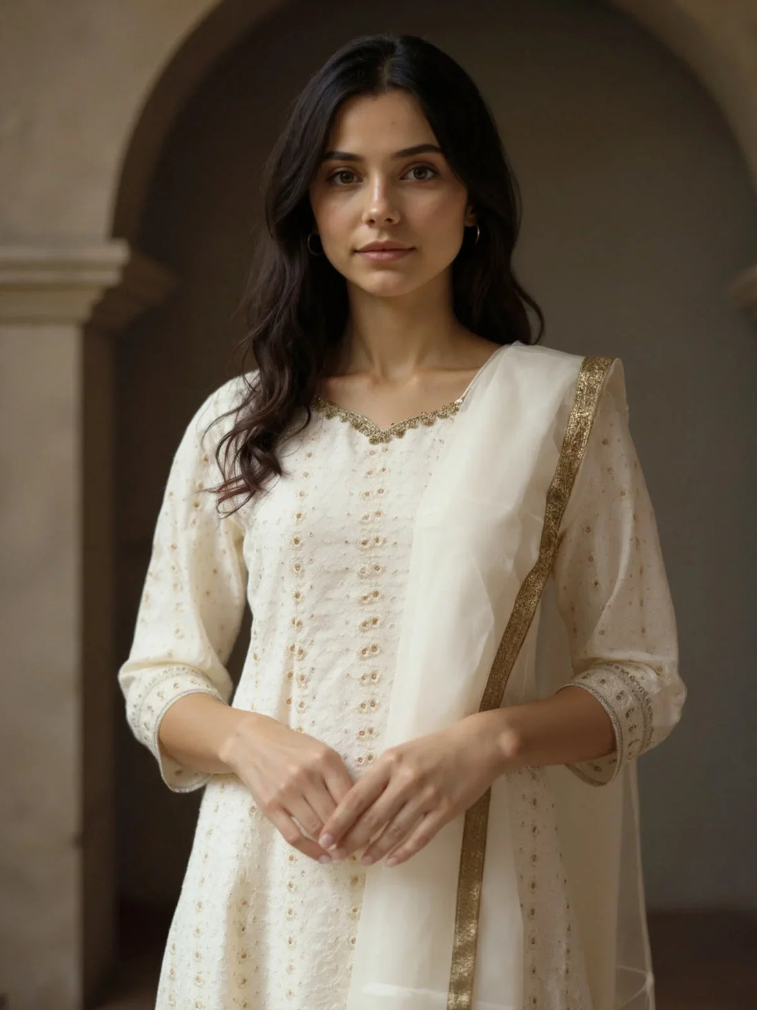 Buy Poly Viscose Embroidered Anarkali Calf Length Kurta with Pant and Dupatta-Cream