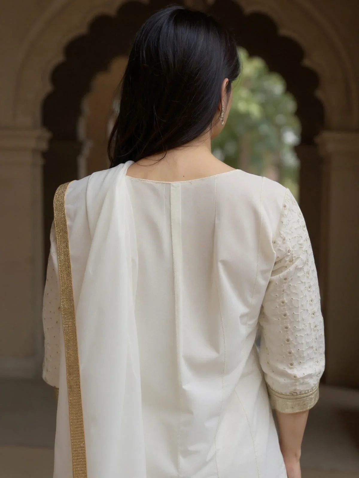 Buy Poly Viscose Embroidered Anarkali Calf Length Kurta with Pant and Dupatta-Cream