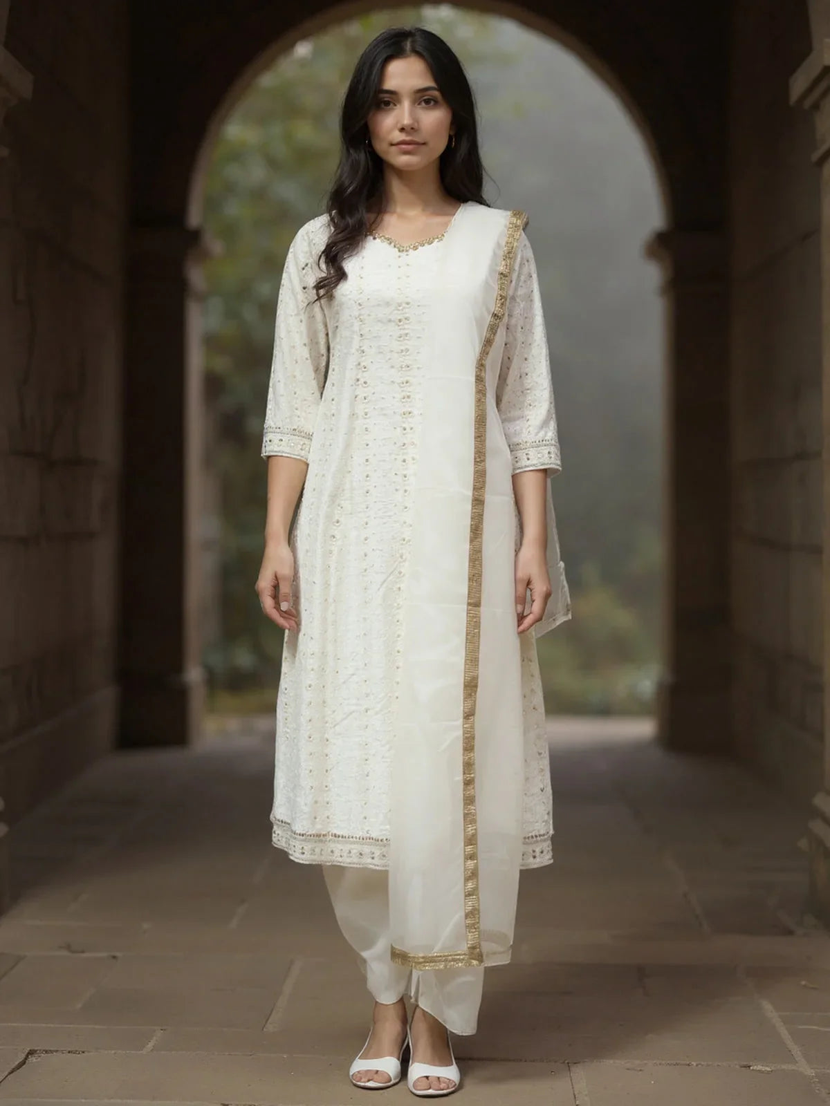 Buy Poly Viscose Embroidered Anarkali Calf Length Kurta with Pant and Dupatta-Cream