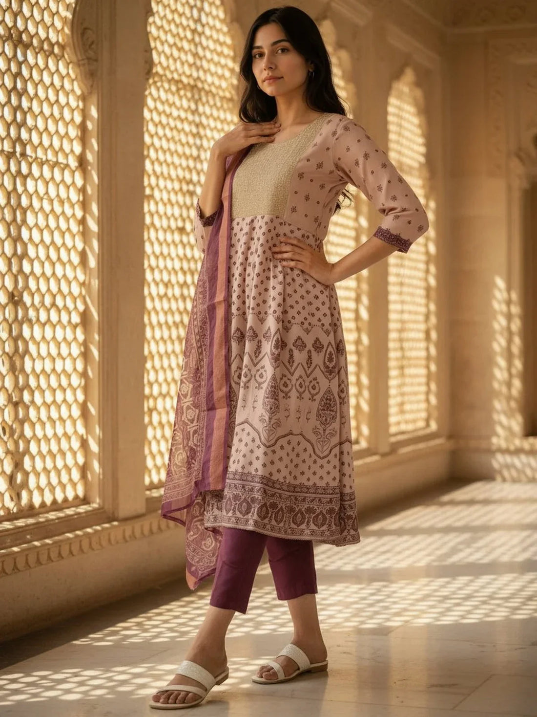 Buy Poly Viscose Embroidered Anarkali Calf Length Salwar Suit-Mauve