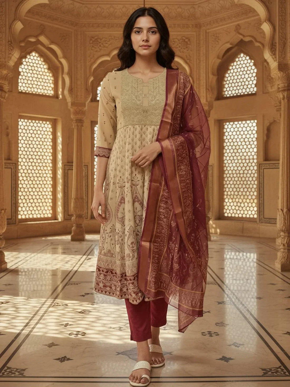 Buy Poly Viscose Embroidered Anarkali Calf Length Salwar Suit-Beige