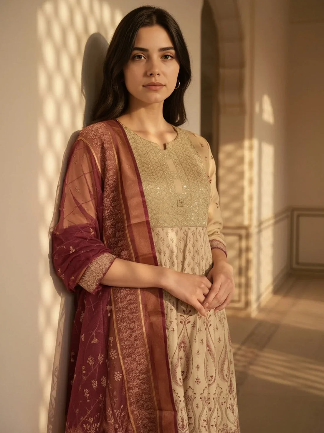 Buy Poly Viscose Embroidered Anarkali Calf Length Salwar Suit-Beige