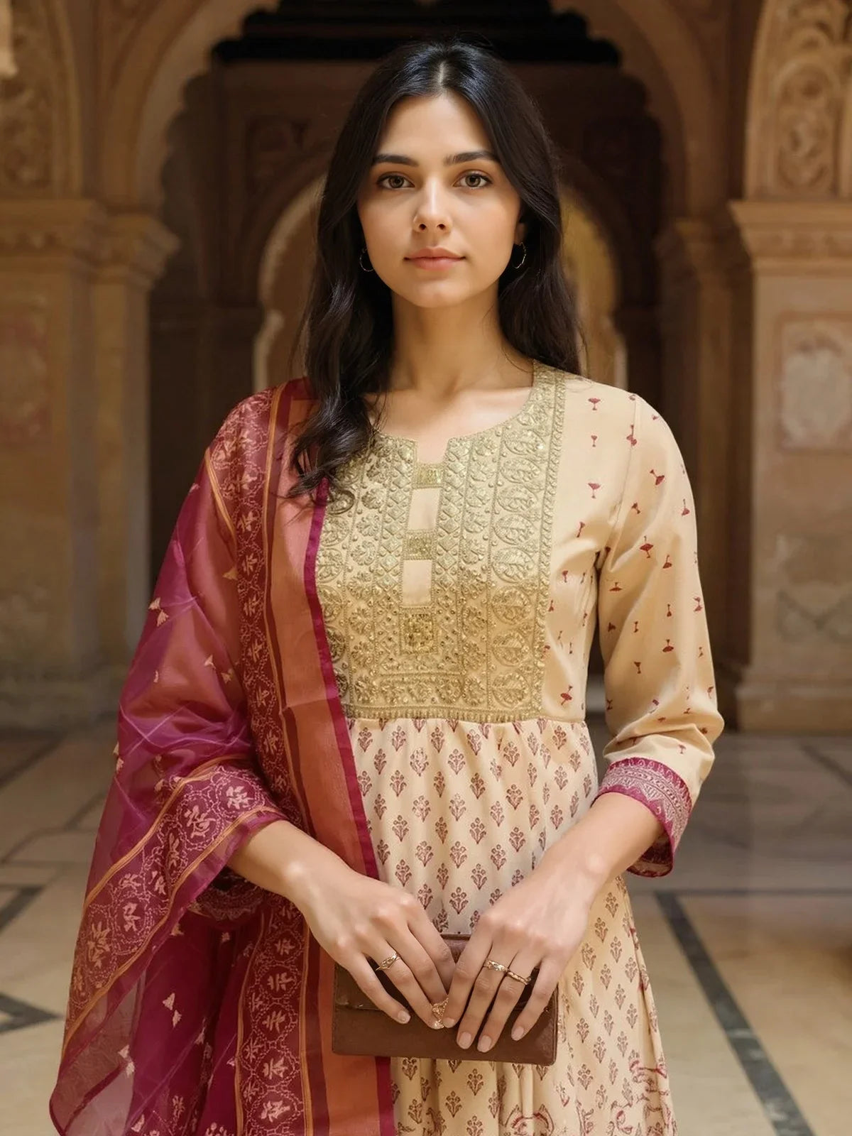 Buy Poly Viscose Embroidered Anarkali Calf Length Salwar Suit-Beige