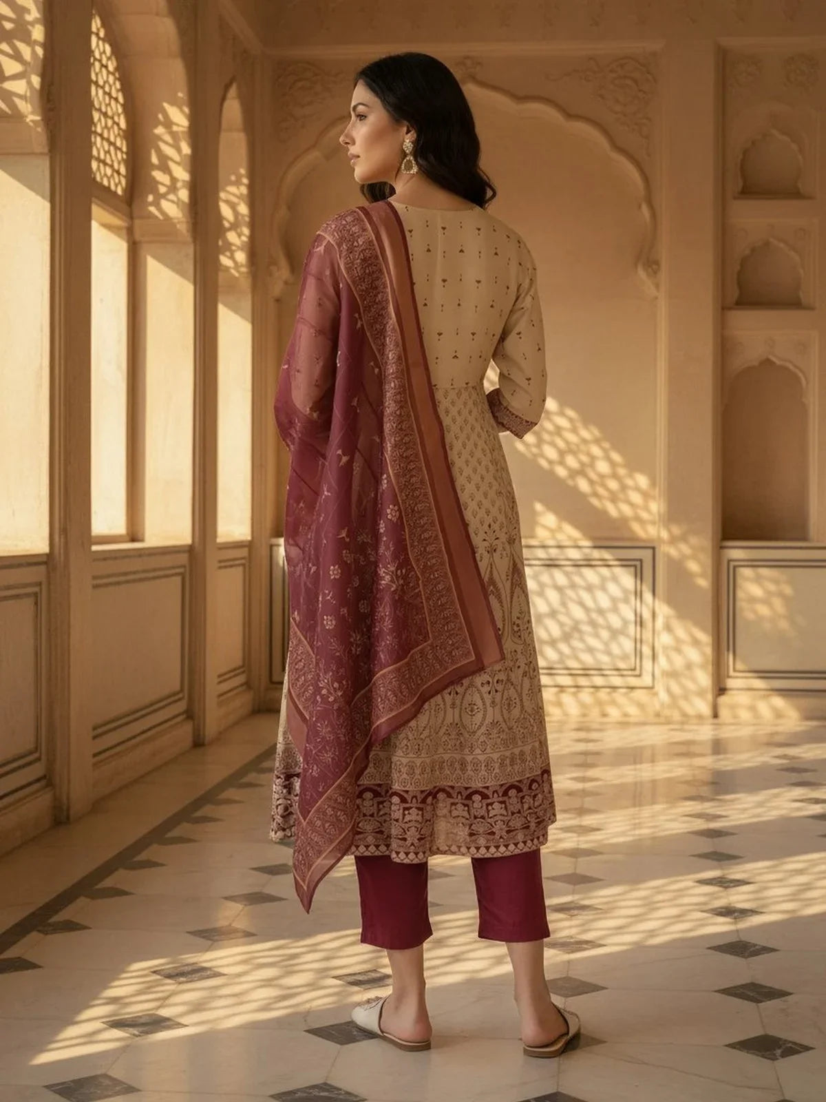 Buy Poly Viscose Embroidered Anarkali Calf Length Salwar Suit-Beige