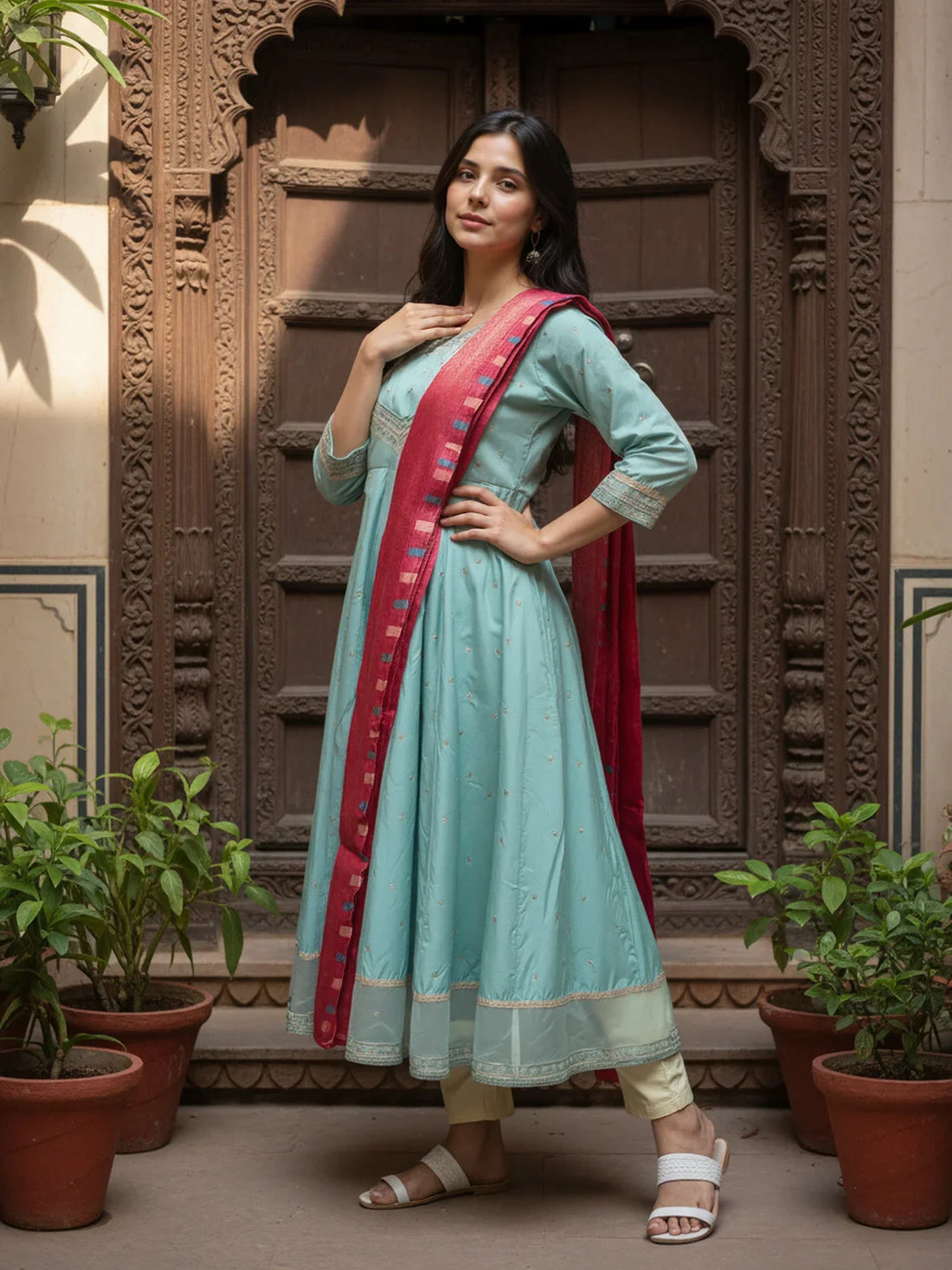 Buy Poly Viscose Embroidered Anarkali Calf Length Kurta with Pant and Dupatta-Green