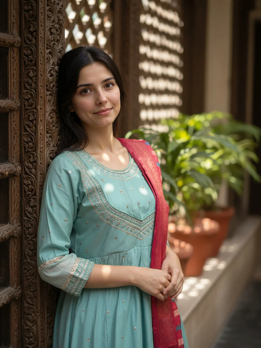 Buy Poly Viscose Embroidered Anarkali Calf Length Kurta with Pant and Dupatta-Green