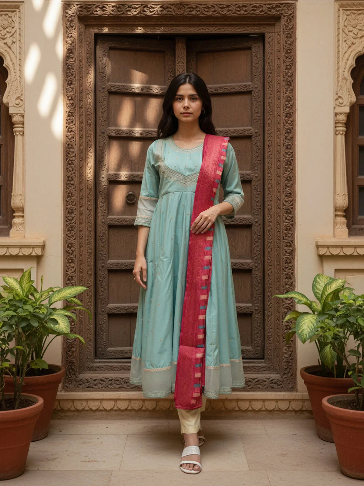 Buy Poly Viscose Embroidered Anarkali Calf Length Kurta with Pant and Dupatta-Green