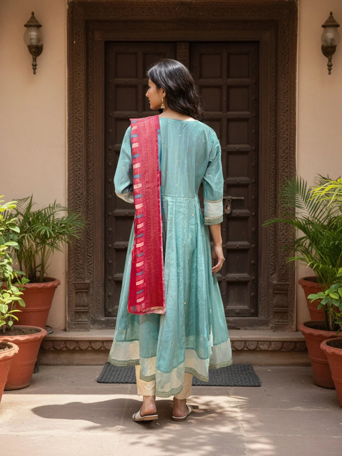 Buy Poly Viscose Embroidered Anarkali Calf Length Kurta with Pant and Dupatta-Green