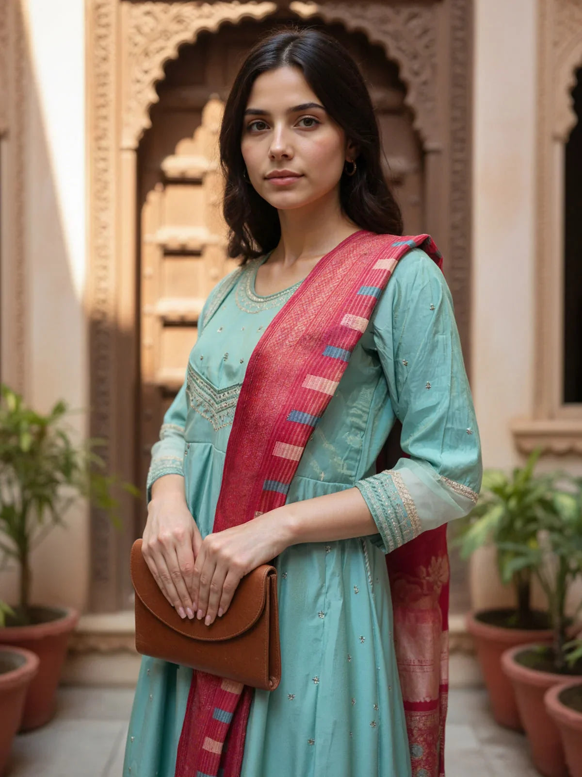 Buy Poly Viscose Embroidered Anarkali Calf Length Kurta with Pant and Dupatta-Green
