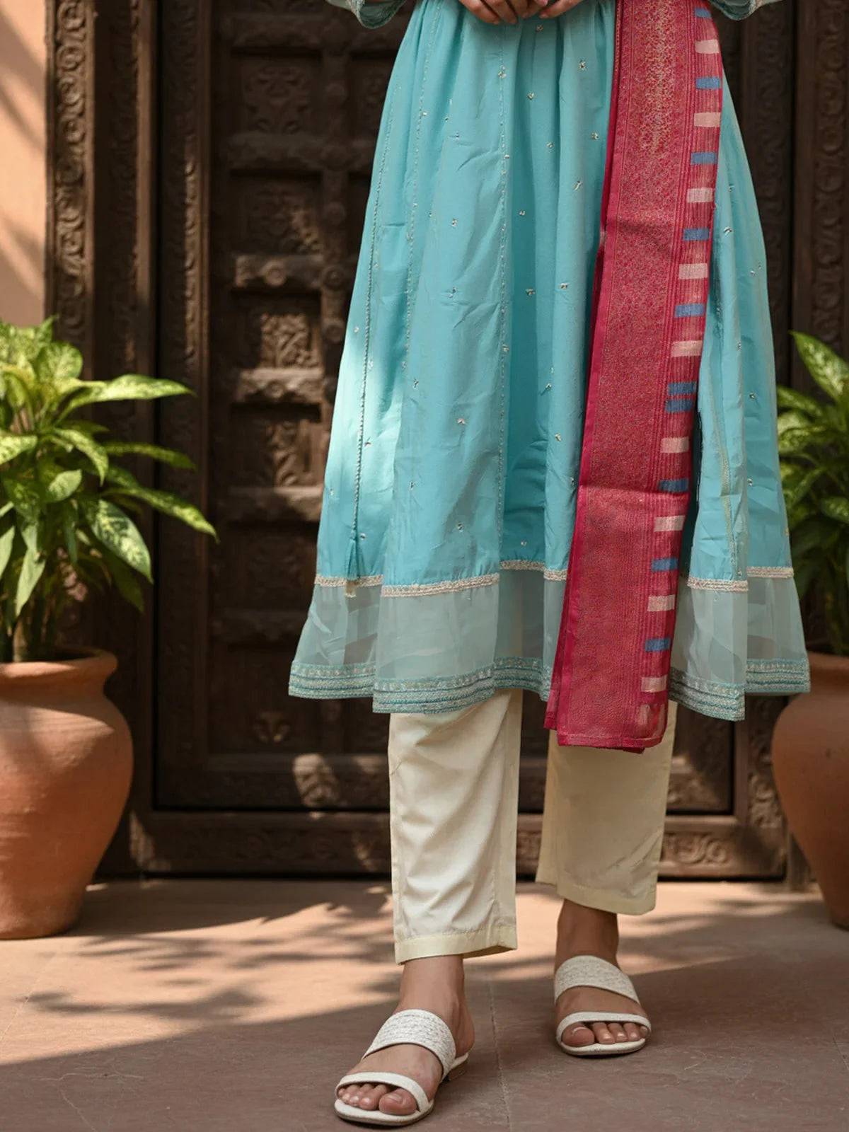 Buy Poly Viscose Embroidered Anarkali Calf Length Kurta with Pant and Dupatta-Green