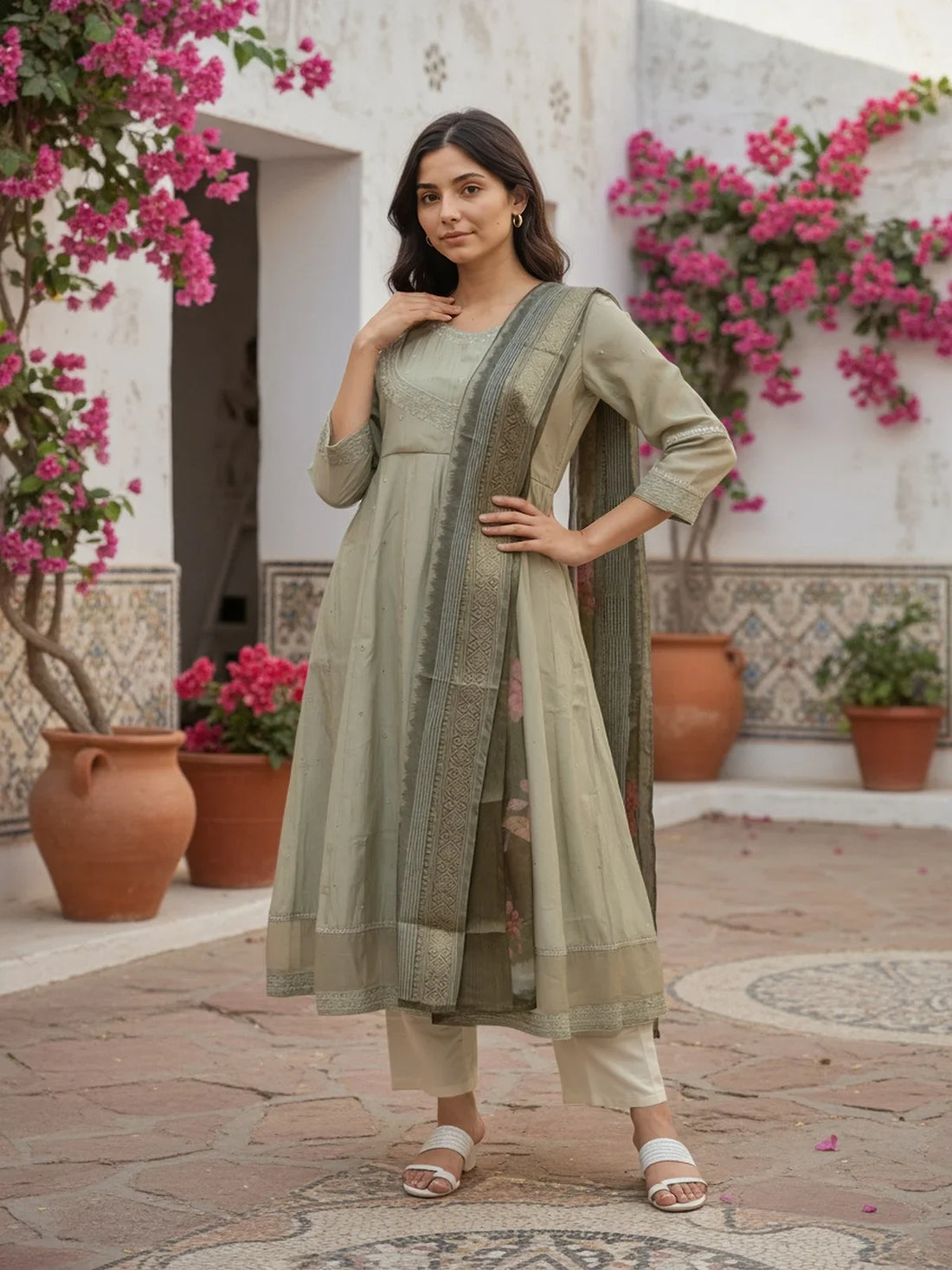 Buy Poly Viscose Embroidered Anarkali Calf Length Kurta with Pant and Dupatta-Beige