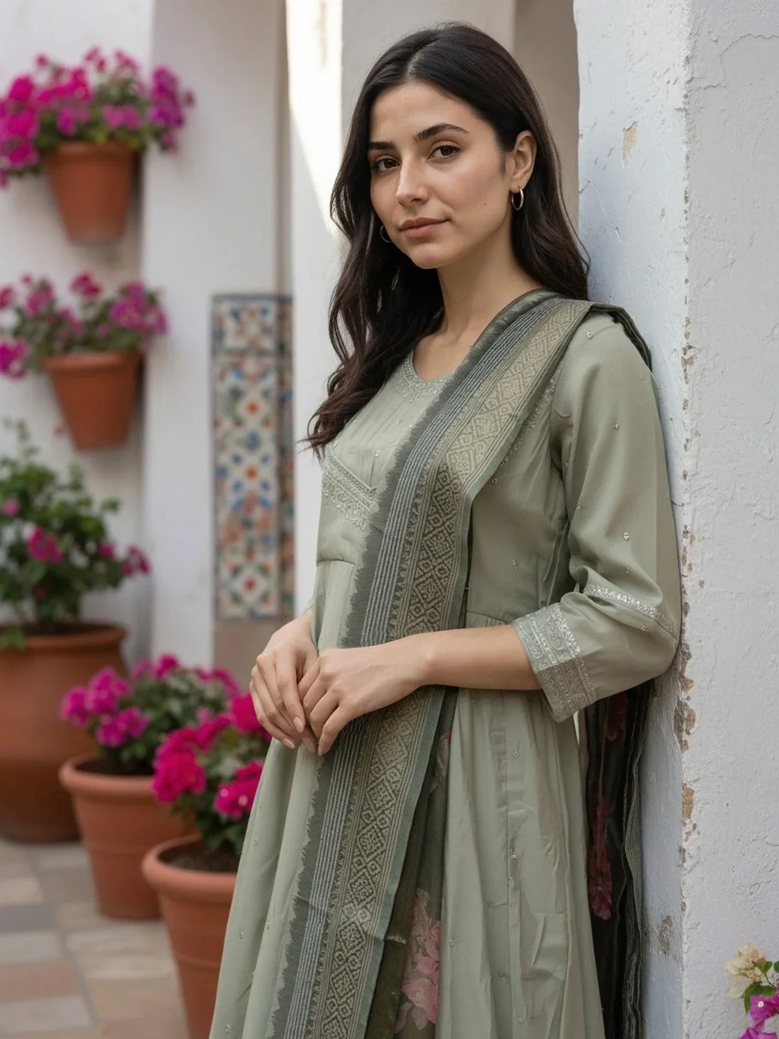 Buy Poly Viscose Embroidered Anarkali Calf Length Kurta with Pant and Dupatta-Beige