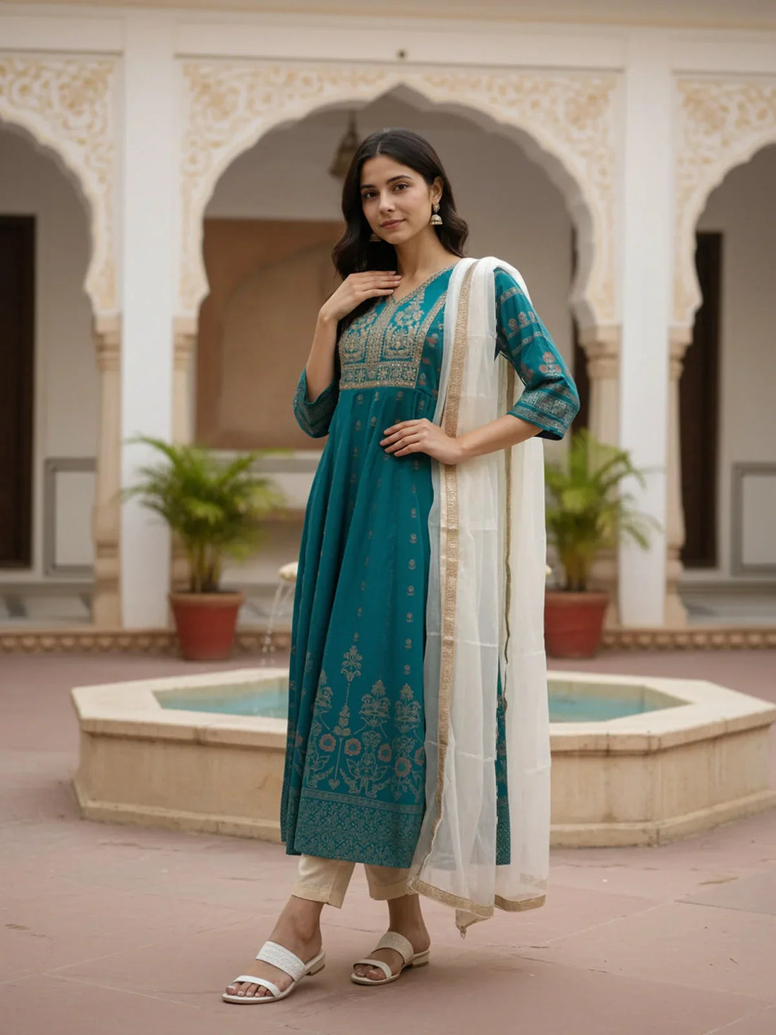 Buy Poly Viscose Embroidered Anarkali Calf Length Kurta with Pant and Dupatta-Teal