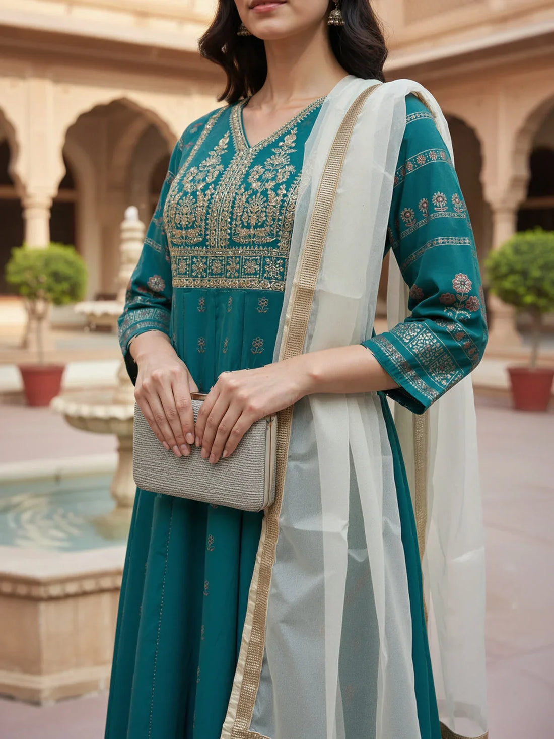 Buy Poly Viscose Embroidered Anarkali Calf Length Kurta with Pant and Dupatta-Teal