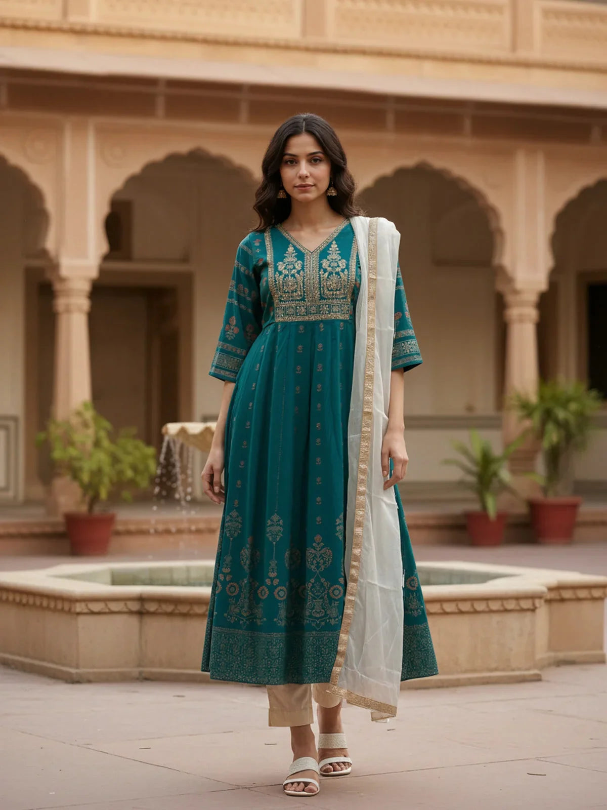 Buy Poly Viscose Embroidered Anarkali Calf Length Kurta with Pant and Dupatta-Teal
