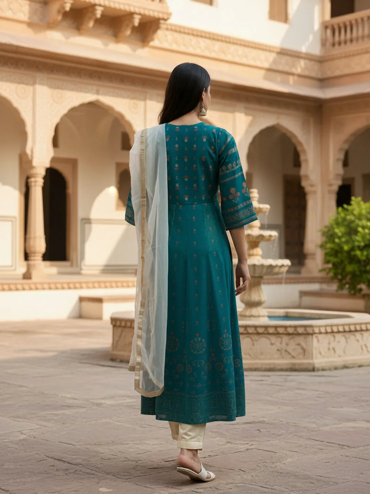 Buy Poly Viscose Embroidered Anarkali Calf Length Kurta with Pant and Dupatta-Teal