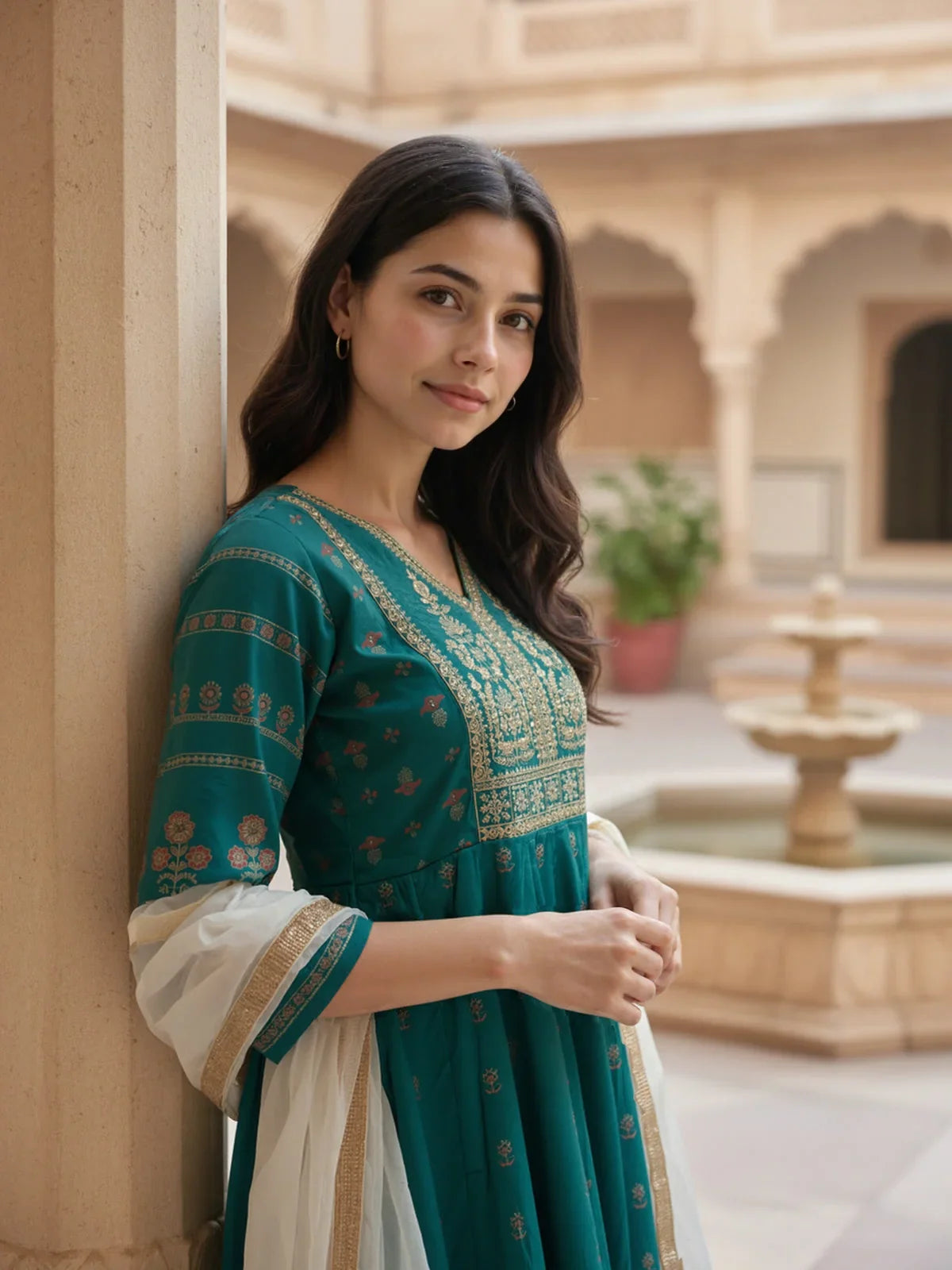 Buy Poly Viscose Embroidered Anarkali Calf Length Kurta with Pant and Dupatta-Teal