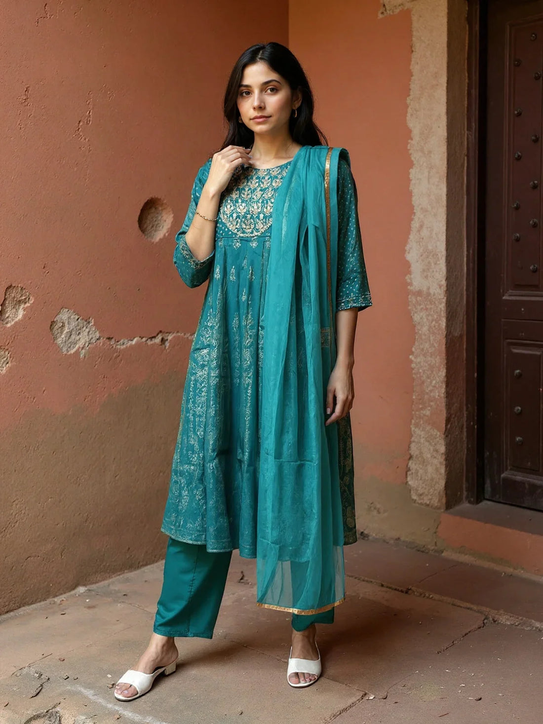 Buy Poly Viscose Embroidered Anarkali Calf Length Kurta with Pant and Dupatta-Teal