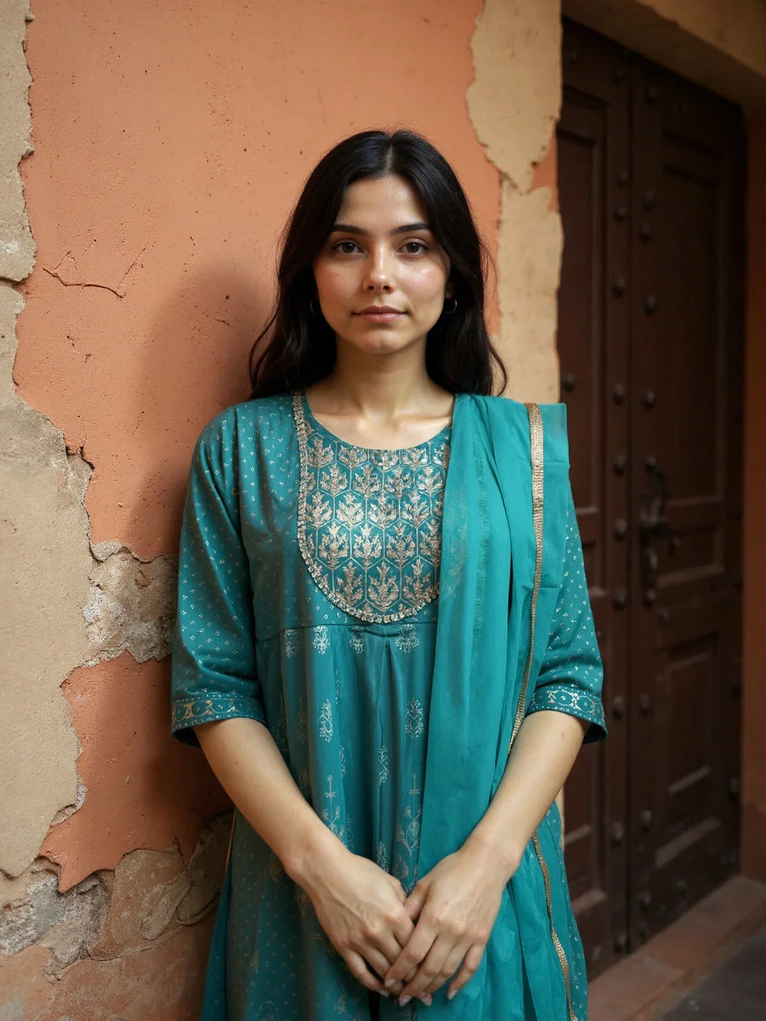 Buy Poly Viscose Embroidered Anarkali Calf Length Kurta with Pant and Dupatta-Teal