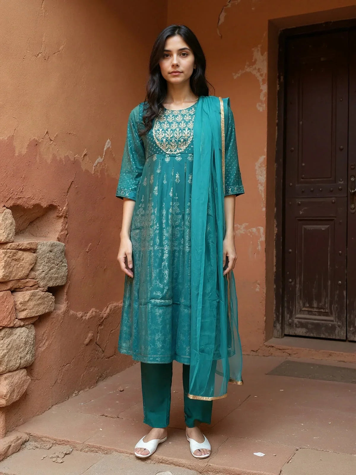 Buy Poly Viscose Embroidered Anarkali Calf Length Kurta with Pant and Dupatta-Teal