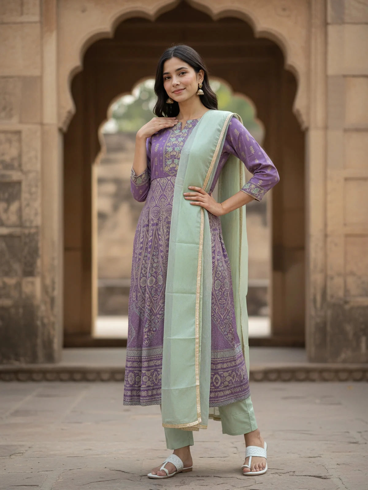 Buy Poly Viscose Embroidered Anarkali Calf Length Kurta with Pant and Dupatta-Purple