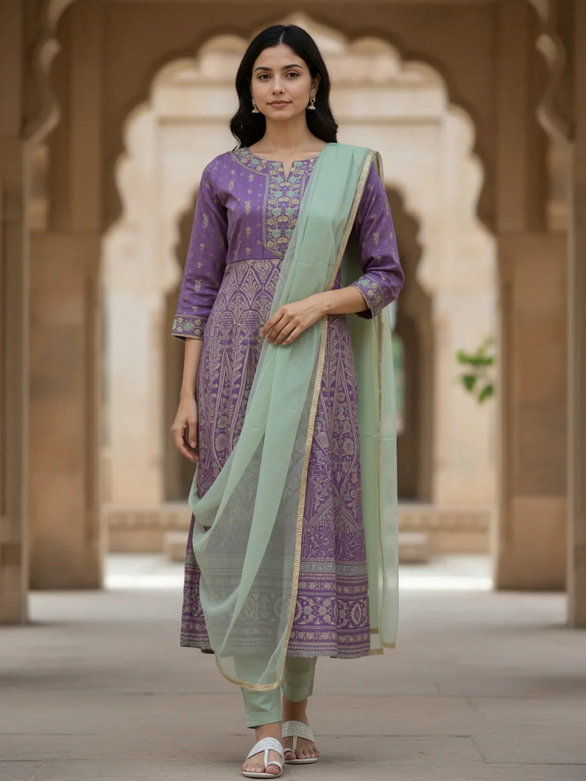 Buy Poly Viscose Embroidered Anarkali Calf Length Kurta with Pant and Dupatta-Purple