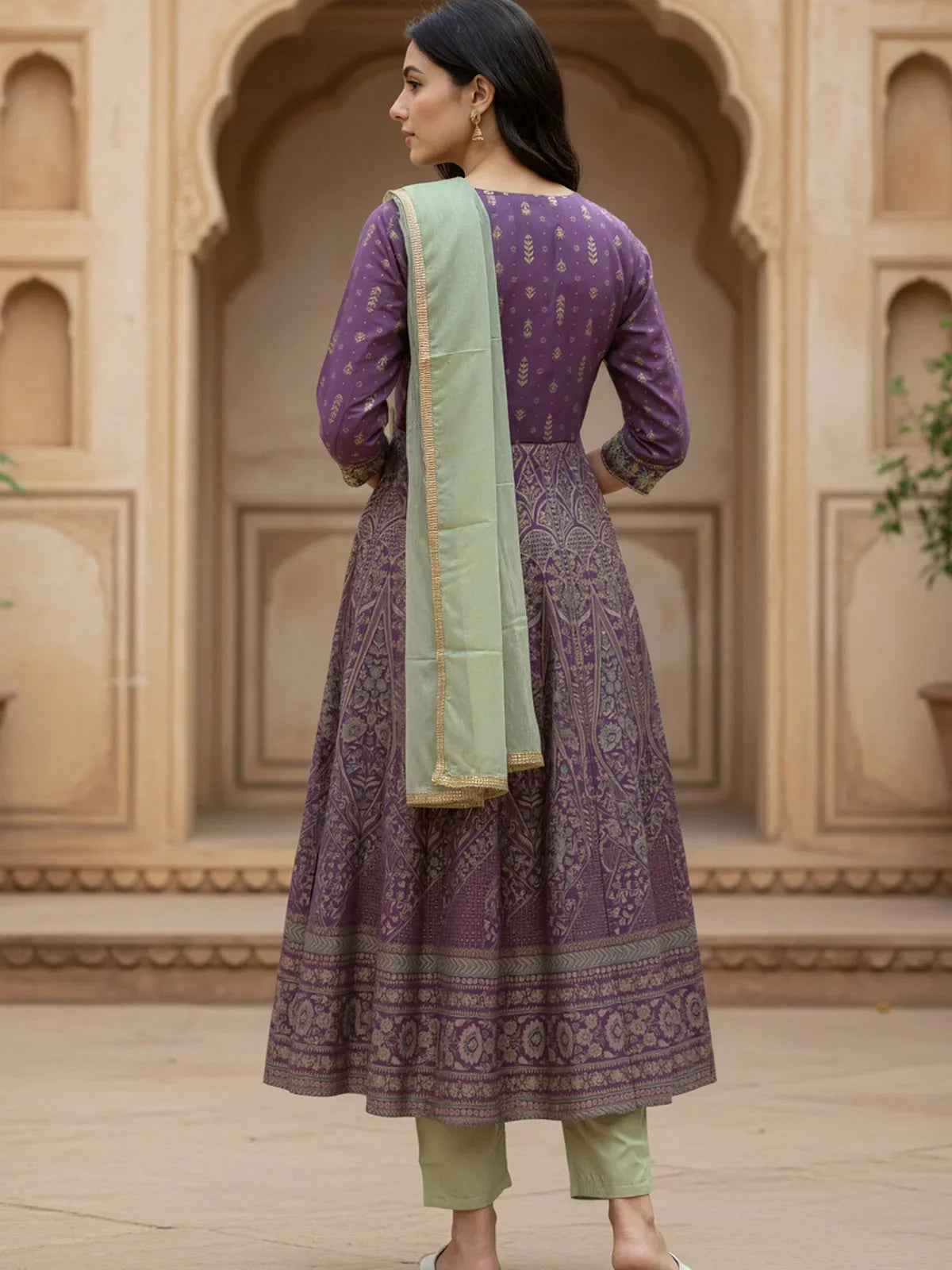 Buy Poly Viscose Embroidered Anarkali Calf Length Kurta with Pant and Dupatta-Purple