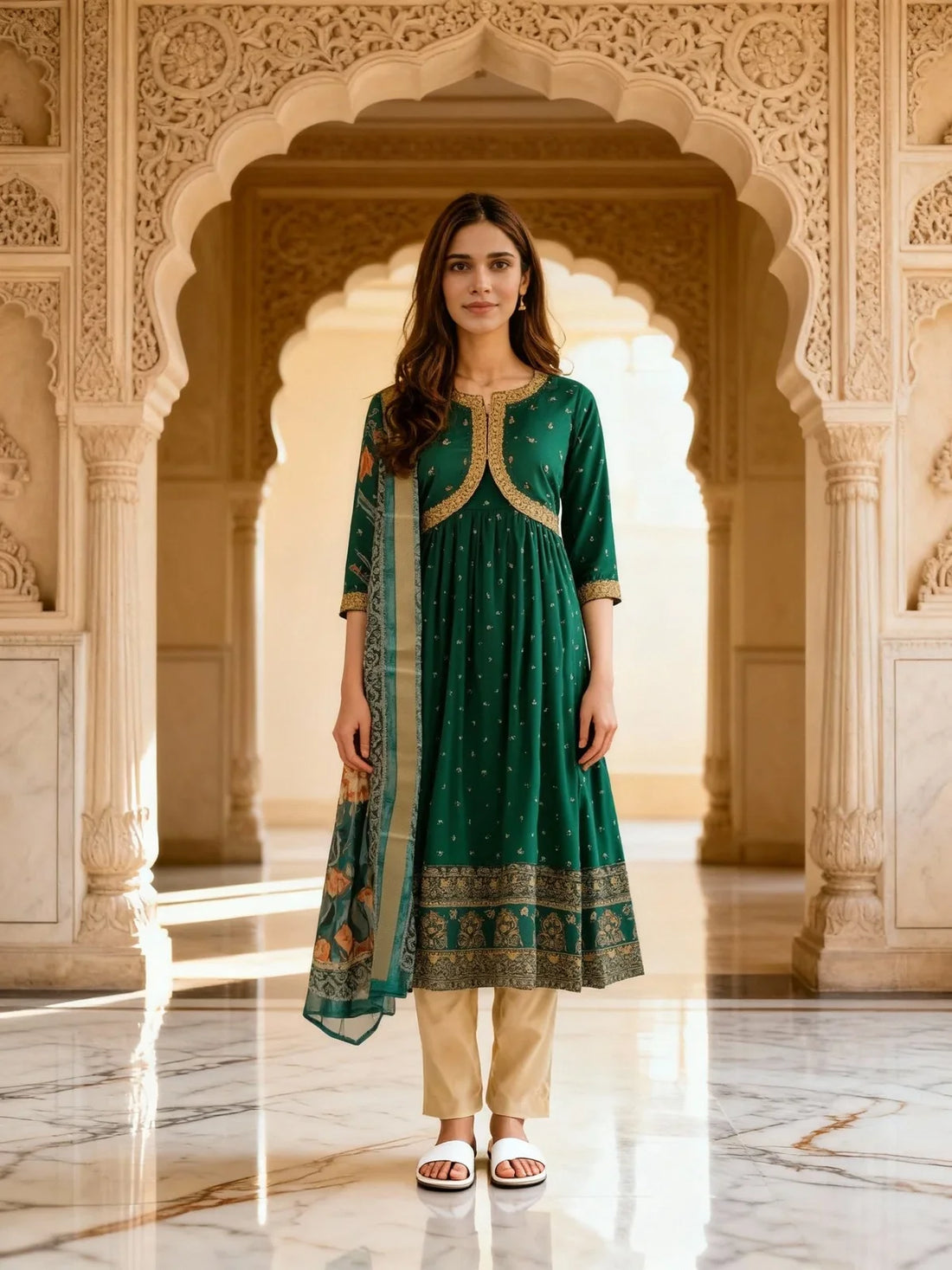 Buy Poly Viscose Embroidered Anarkali Calf Length Kurta and Pant with Dupatta-Green