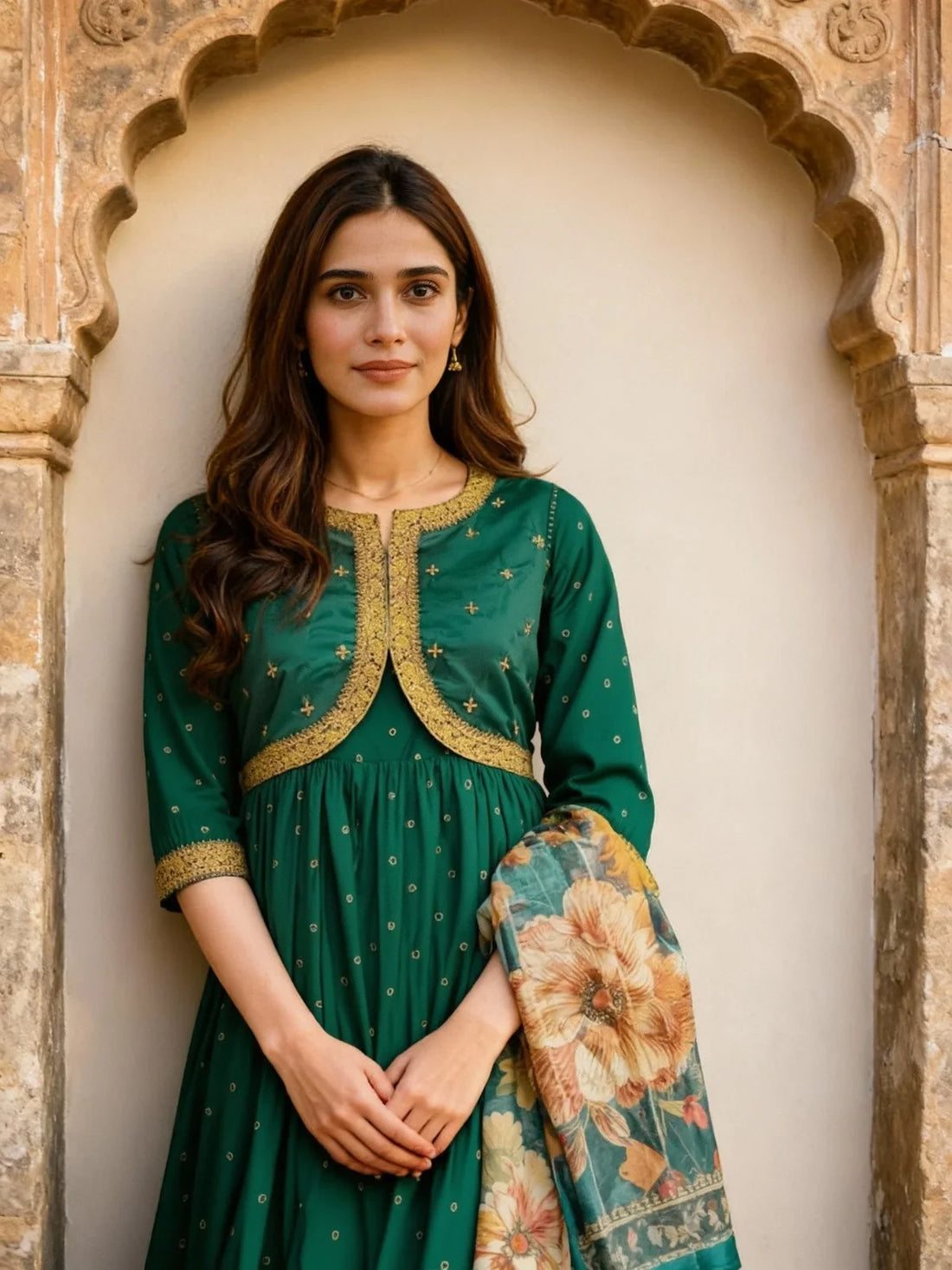 Buy Poly Viscose Embroidered Anarkali Calf Length Kurta and Pant with Dupatta-Green