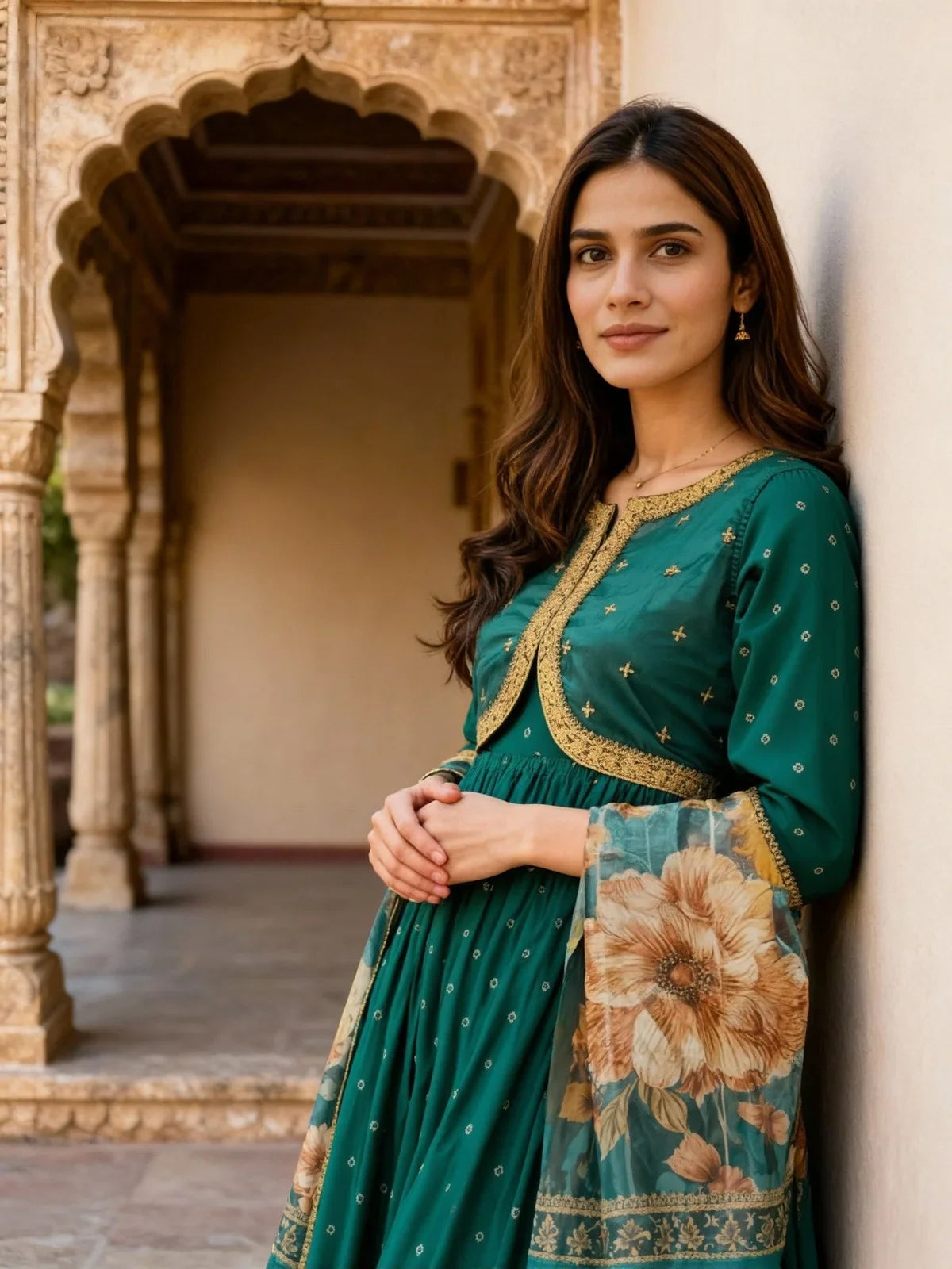 Buy Poly Viscose Embroidered Anarkali Calf Length Kurta and Pant with Dupatta-Green