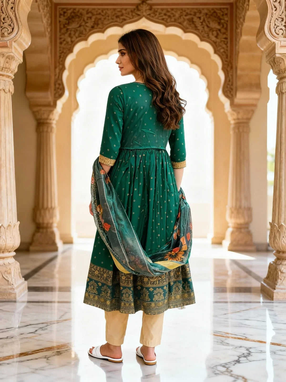 Buy Poly Viscose Embroidered Anarkali Calf Length Kurta and Pant with Dupatta-Green